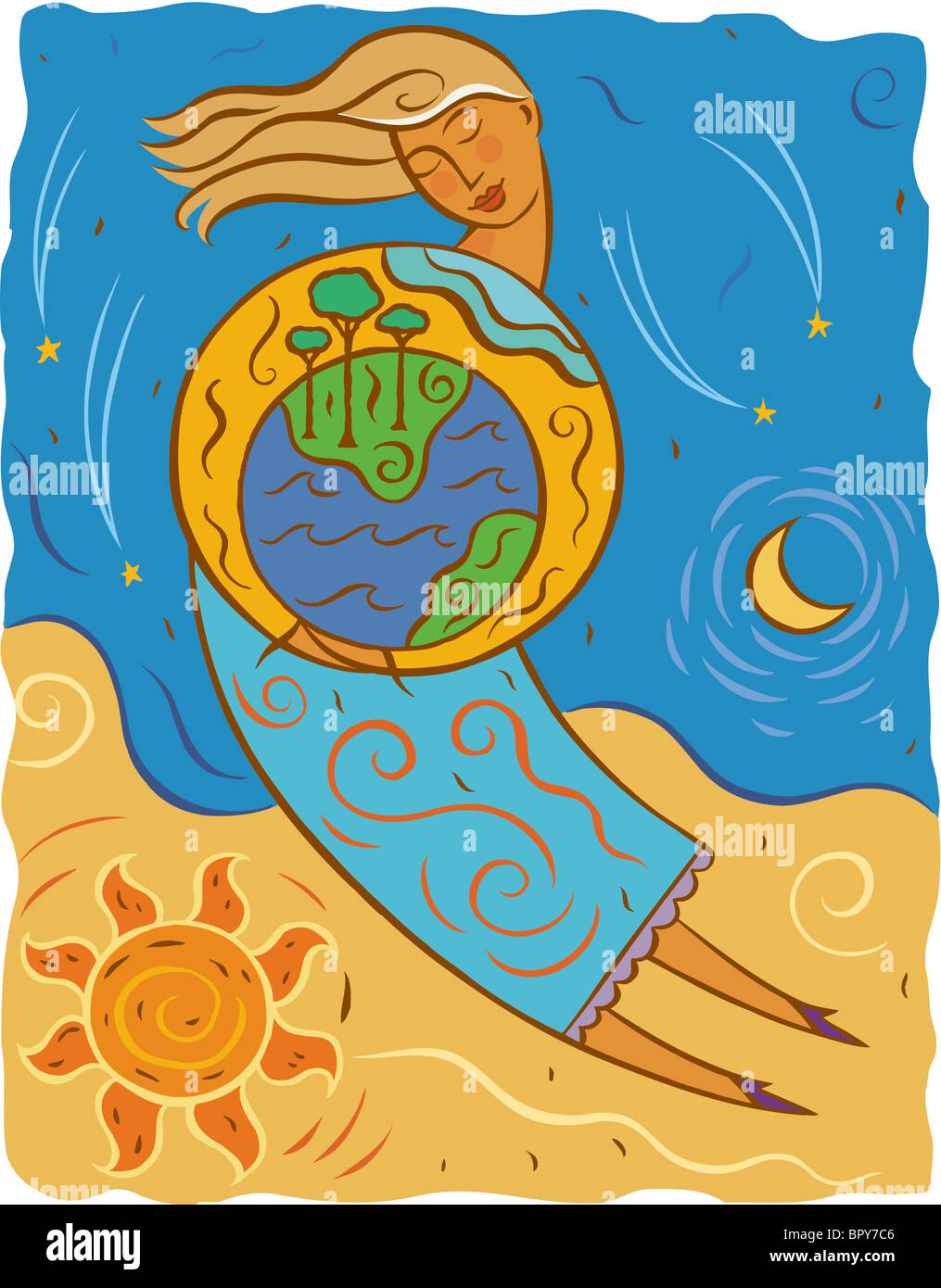 Illustration of mother earth holding the planet Stock Photo - Alamy