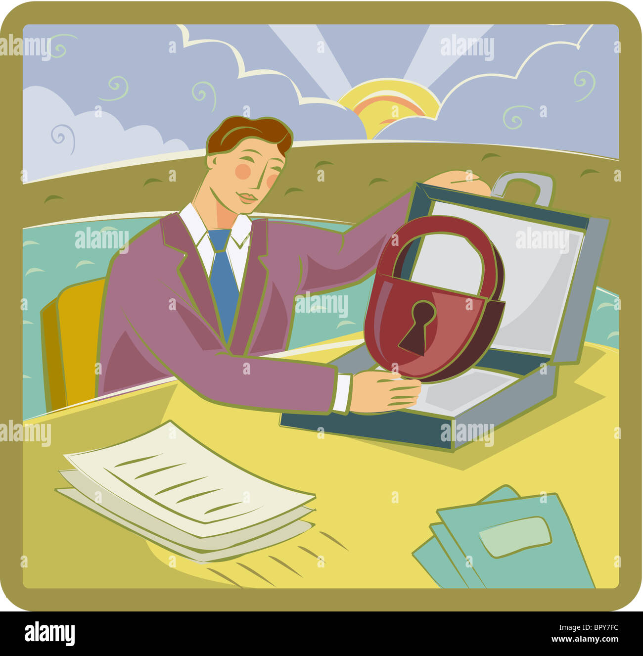 Illustration of a businessman accessing a locked briefcase Stock Photo