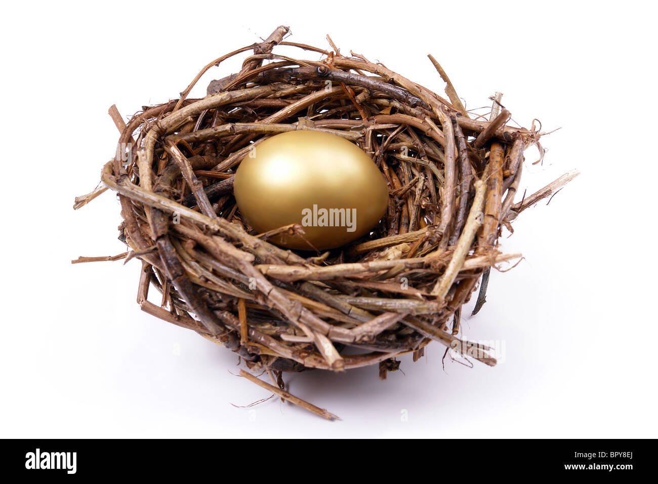 Golden egg in bird's nest over white background Stock Photo - Alamy