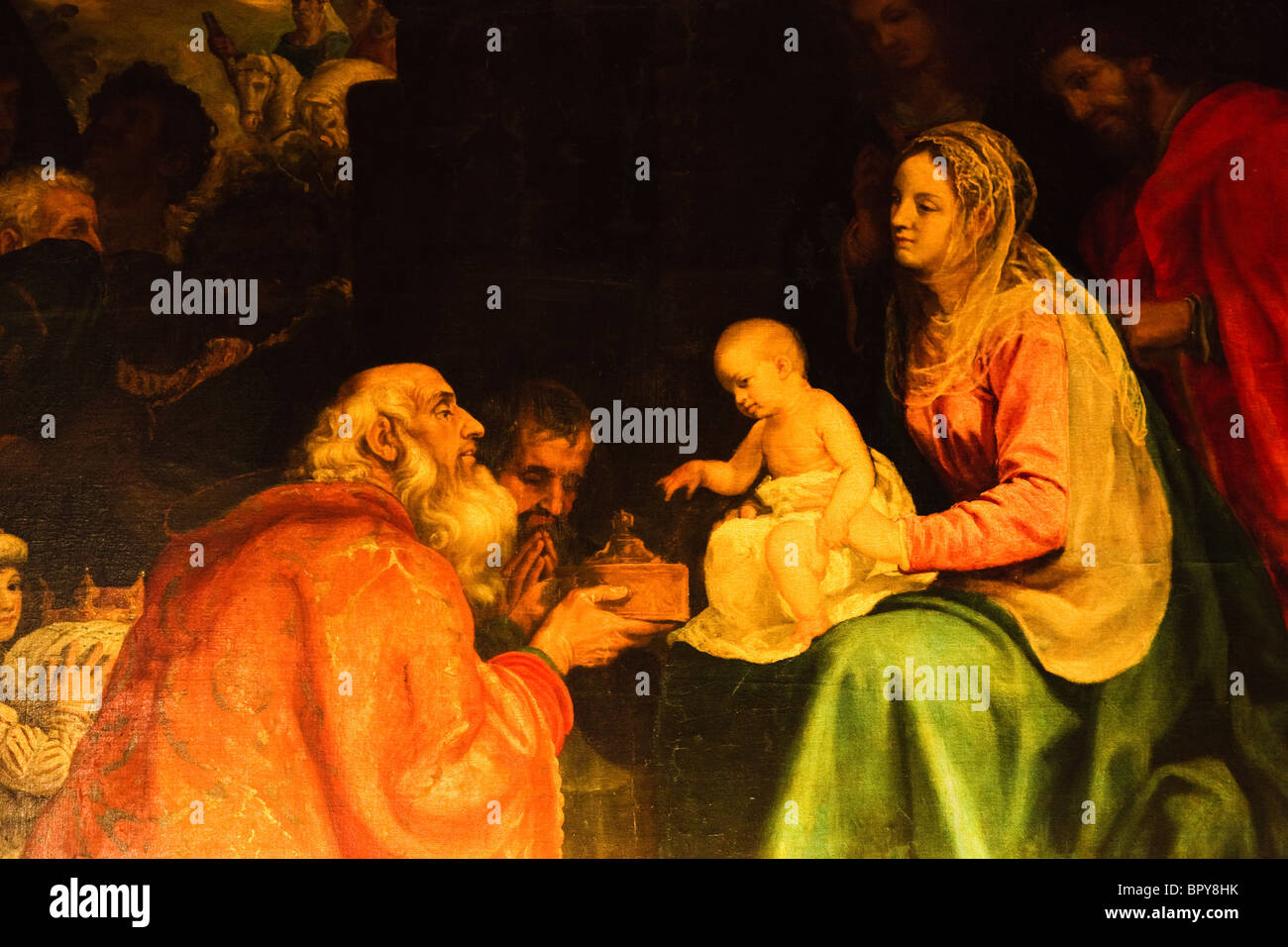 The three wise men visit the child Jesus. The Epiphany by Bartolome Carducho, dated 1600, in the Alcazar, Segovia, Spain Stock Photo