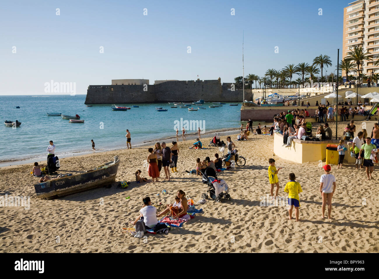 The sandy Spanish beach at Cadiz. Spain. Stock Photo