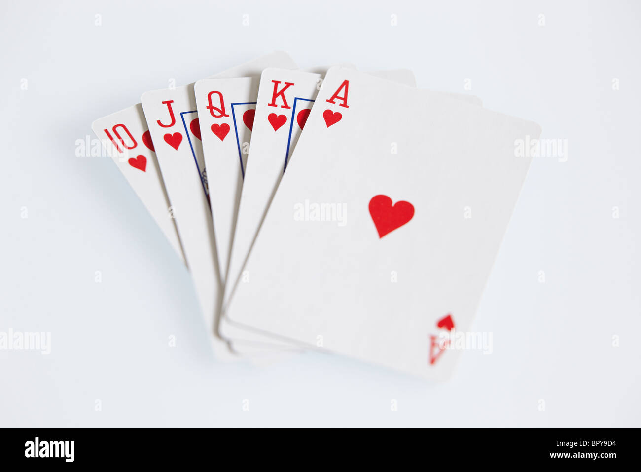 Create an artistic representation of a royal flush, the highest-ranking  hand in poker, using vibrant colors and intricate details. showcase the  five cards (ace, king, queen, jack, and ten) from a single