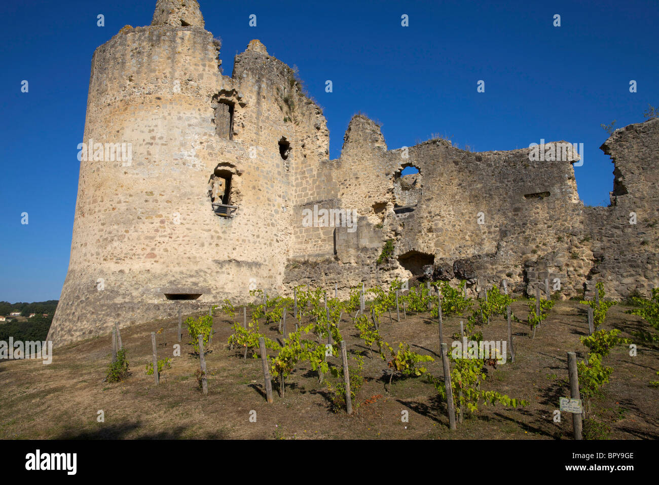 Ruined castle at StGermaindeConfolens in France with a small