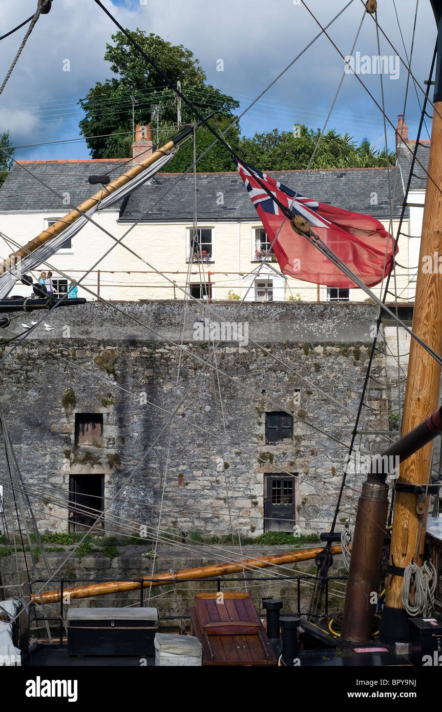 Cornish Harbour cottages and rigging at Charlestown Cornwall UK Stock Photo