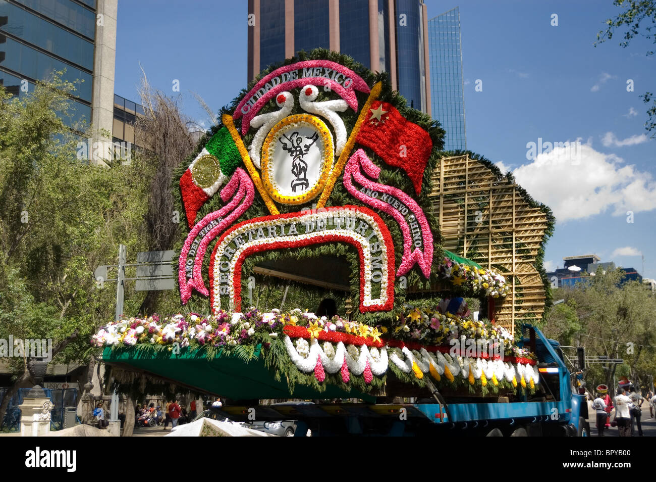 Mexican trajinera in a parade in Mexico city Stock Photo
