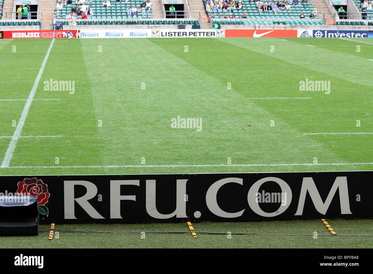 Rugby pitch and RFU sign at Twickenham Stadium Stock Photo
