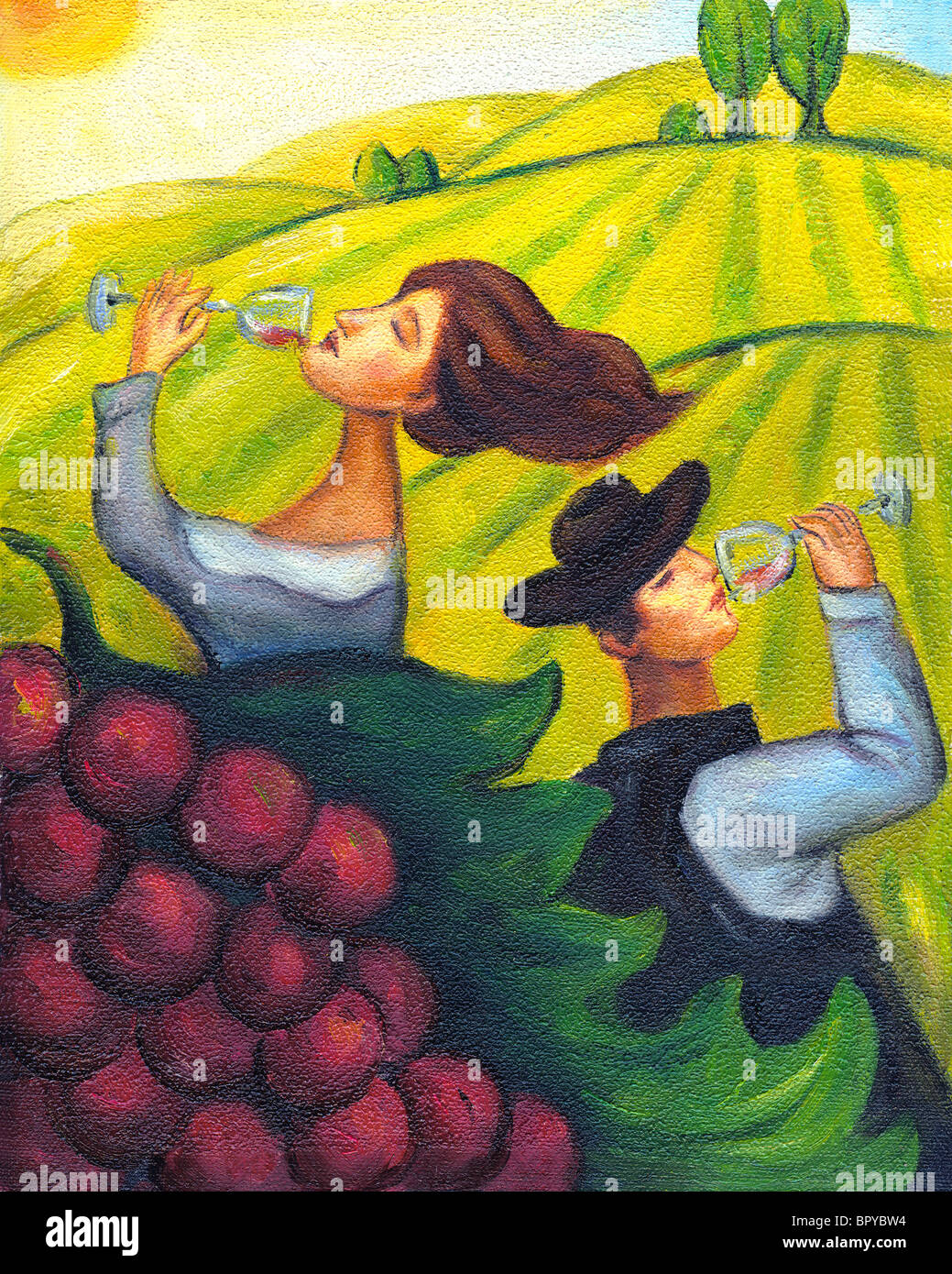 An illustration of a couple drinking glasses of wine at a vineyard Stock Photo