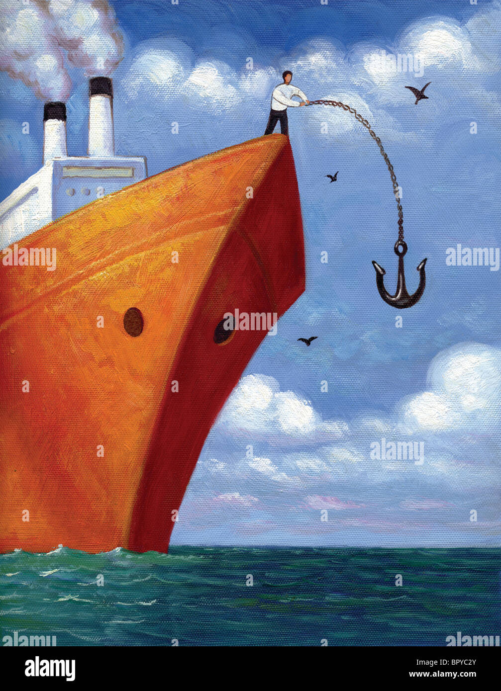 An illustration of a man on a large boat throwing an anchor in the