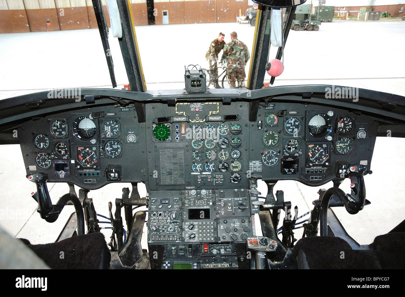 cockpit of U.S. Army chinook helicopter, Ft. Campbell, TN/KY. Stock Photo