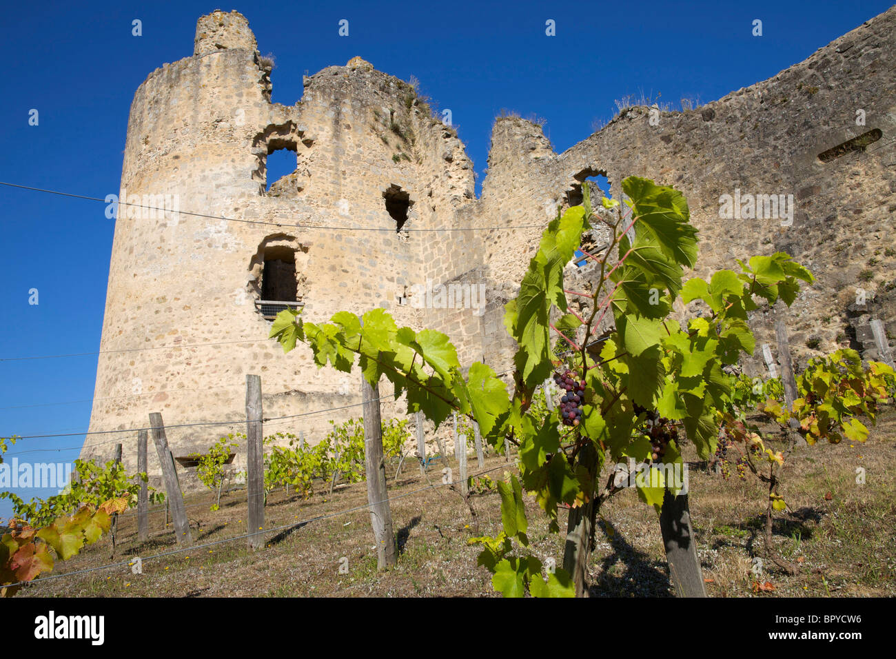 Ruined castle at StGermaindeConfolens in France with a small