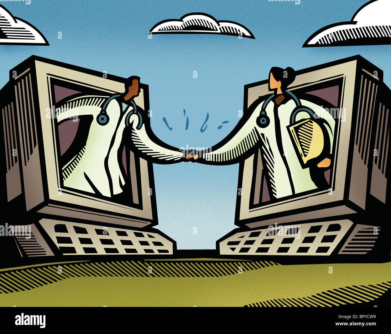 Two doctors coming out of computer monitors and shaking hands Stock