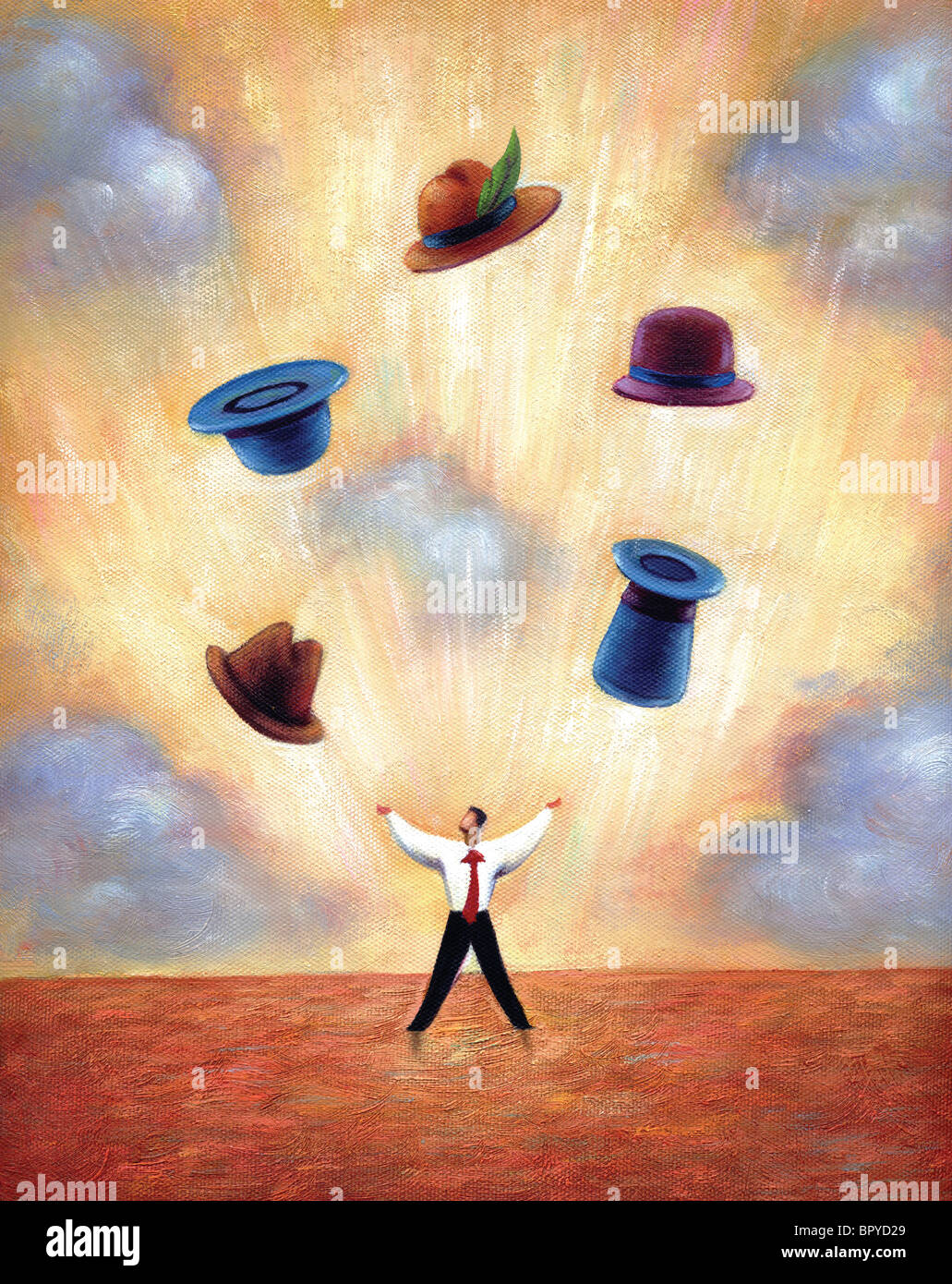 Businessman juggling different hats Stock Photo Alamy