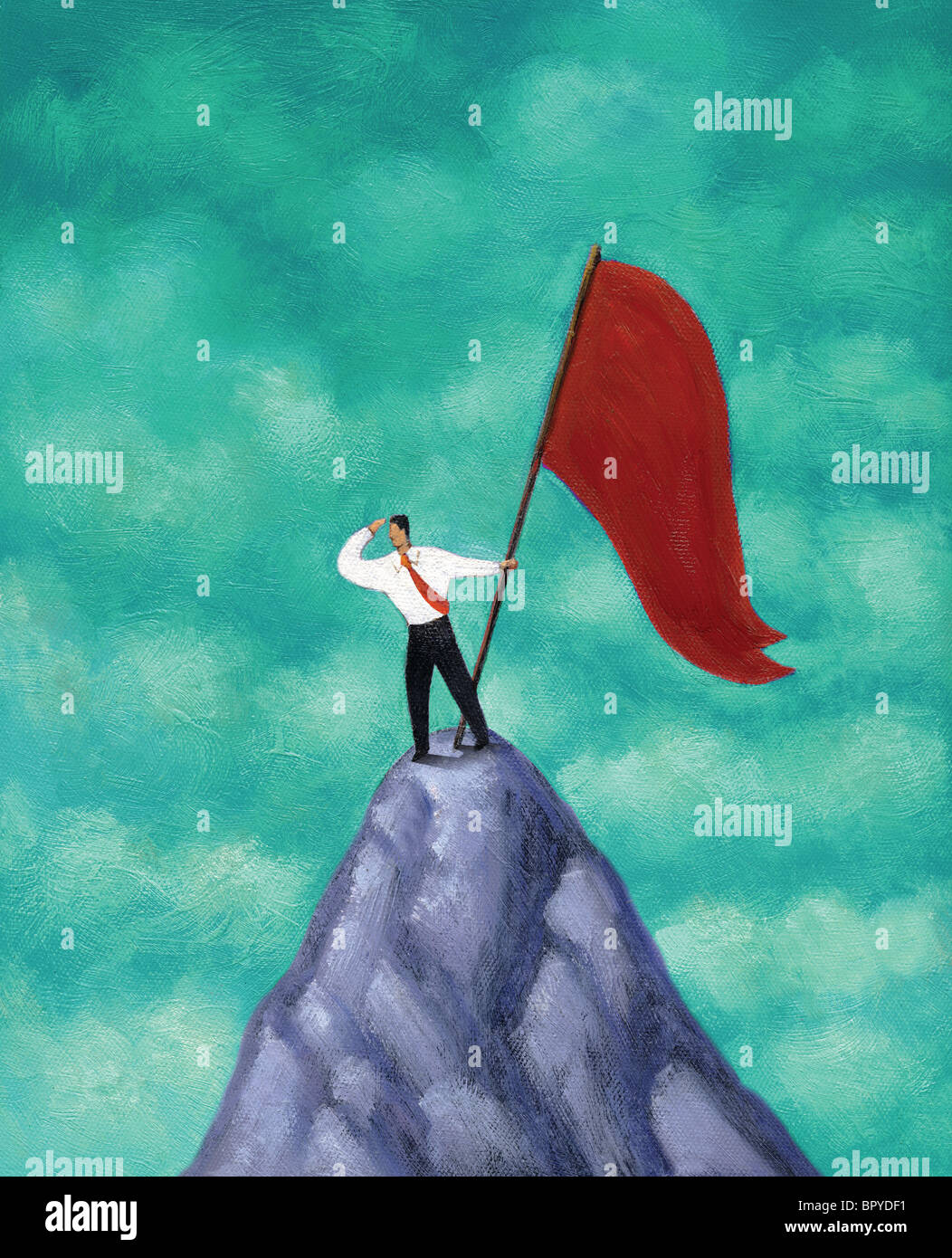 Businessman standing with red flag on mountain peak, looking out into ...