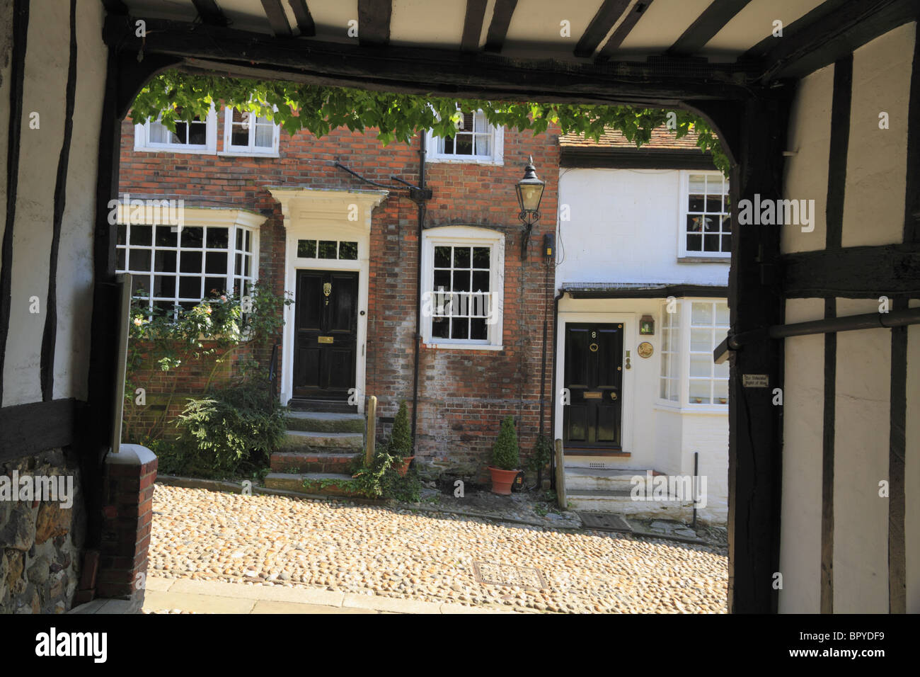 The old coach entrance to the historic Mermaid Inn at Rye, one of the oldest Inns in England. Stock Photo