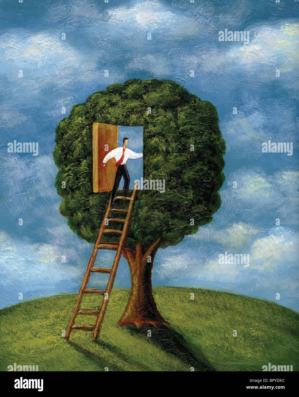 Businessman climbing ladder into a doorway in a tree Stock Photo