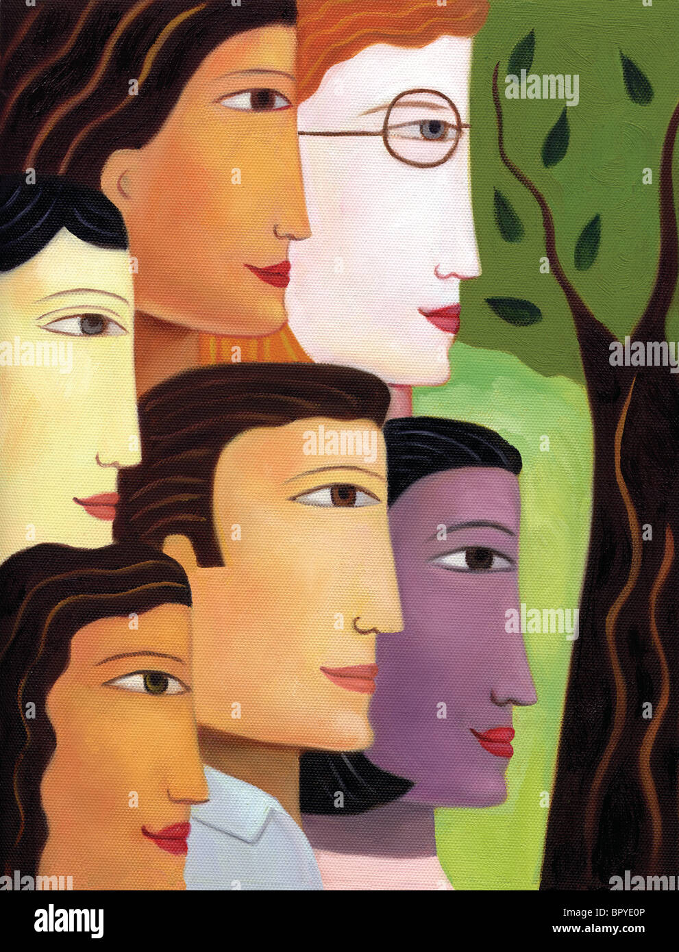 Profiles of a group of mixed ethnicities Stock Photo