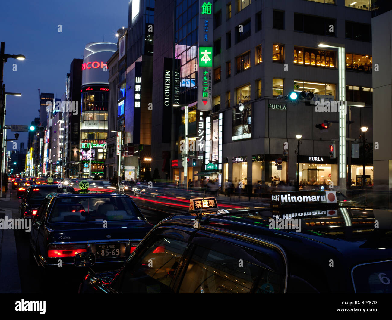 Neon of lights of Ginza, Tokyo's prestigious and expensive shopping district. Stock Photo