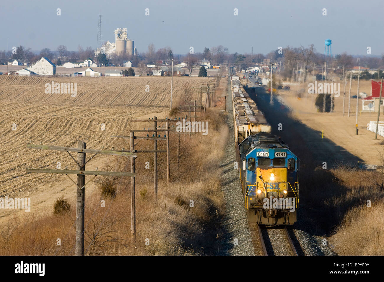 A CSX Transportation train rolls over the Indiana countryside near Linden, IN. Stock Photo
