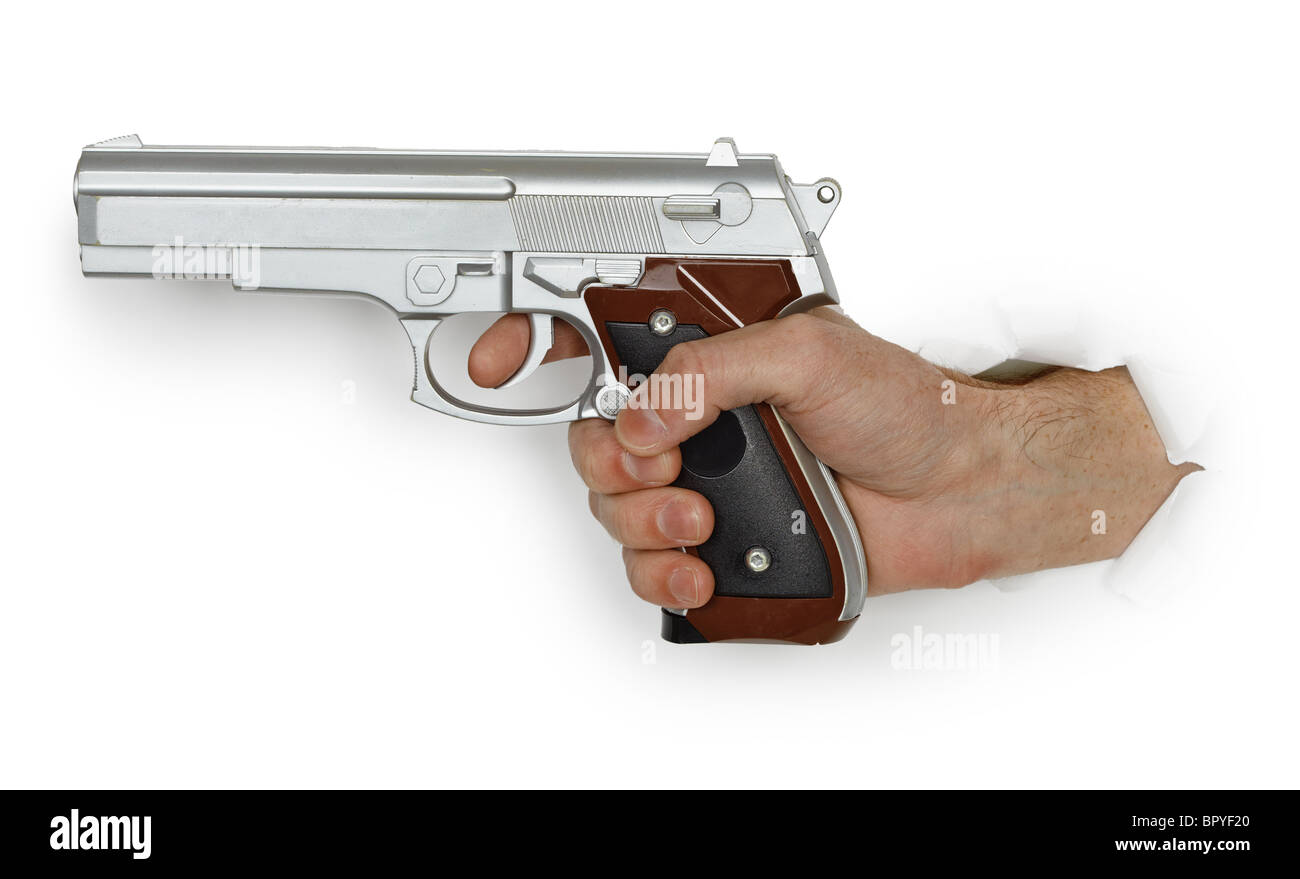 Hand armed with a pistol on a white background Stock Photo