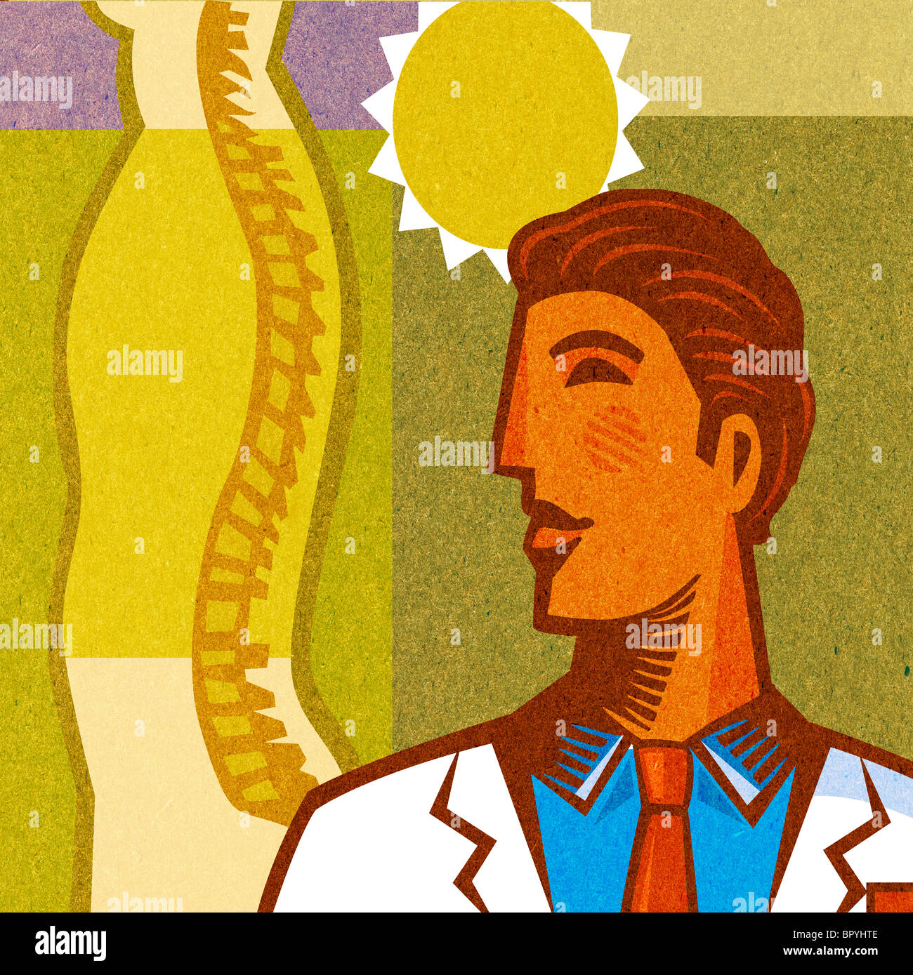 A doctor standing with a sun behind and a diagram of a spine Stock Photo