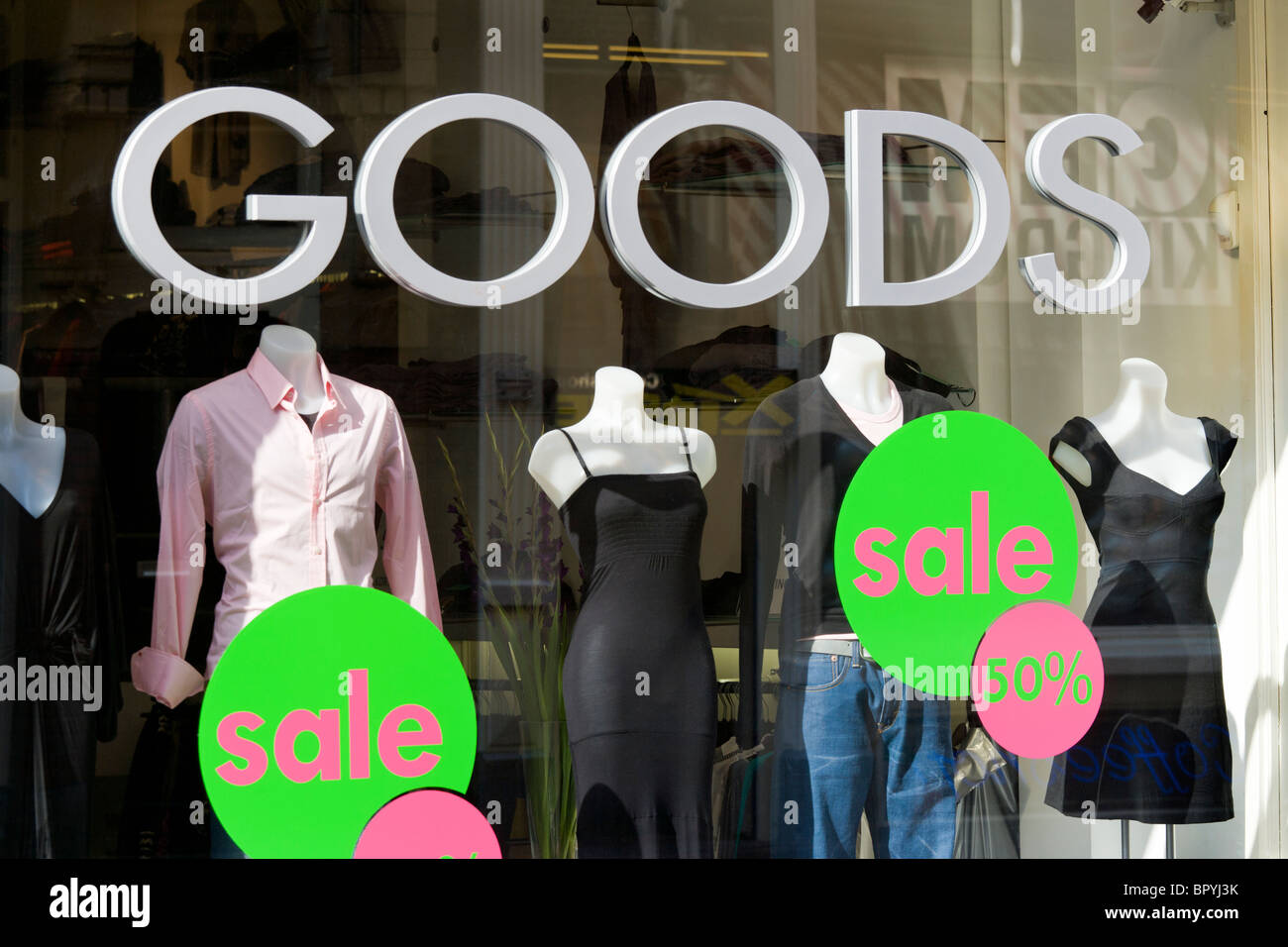 Summer Sale at Goods Casual at Huidenstraat 16, one of the 9 Little Streets, unique shopping district in Amsterdam. Stock Photo