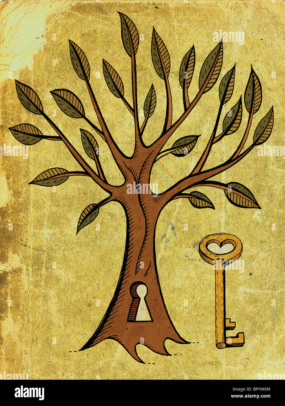 a skeleton key and a tree with a key hole in the trunk of it Stock ...