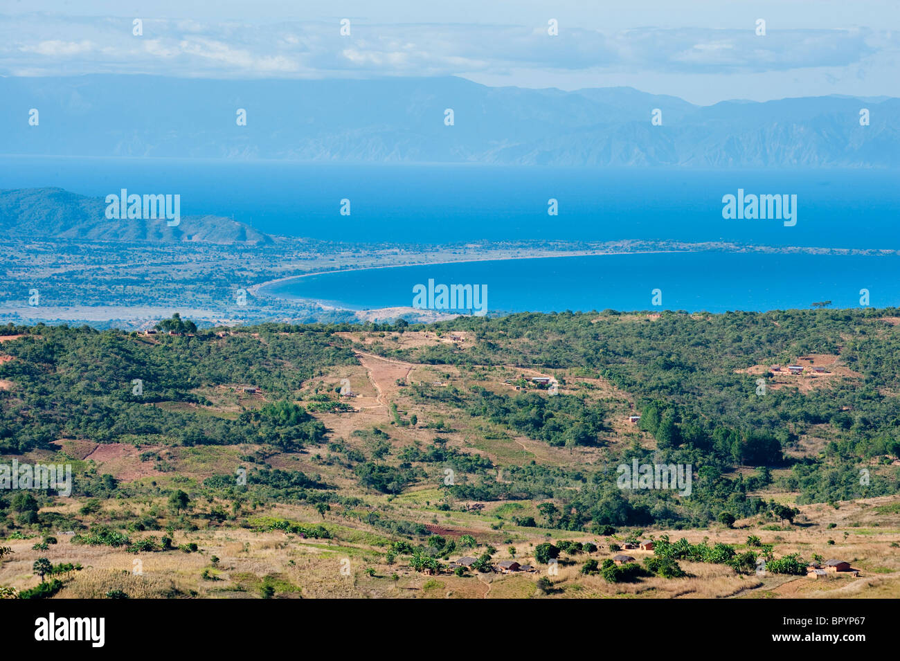 View of lake Malawi down the escarpment from Livingstonia, Malawi Stock Photo