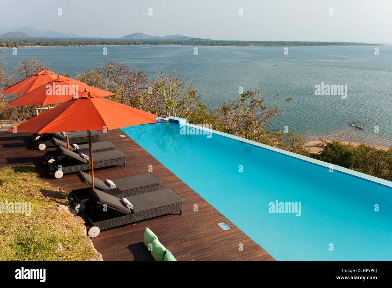 Swimming pool, Pumulani Lodge, Lake Malawi, Cape Maclear, Malawi Stock Photo