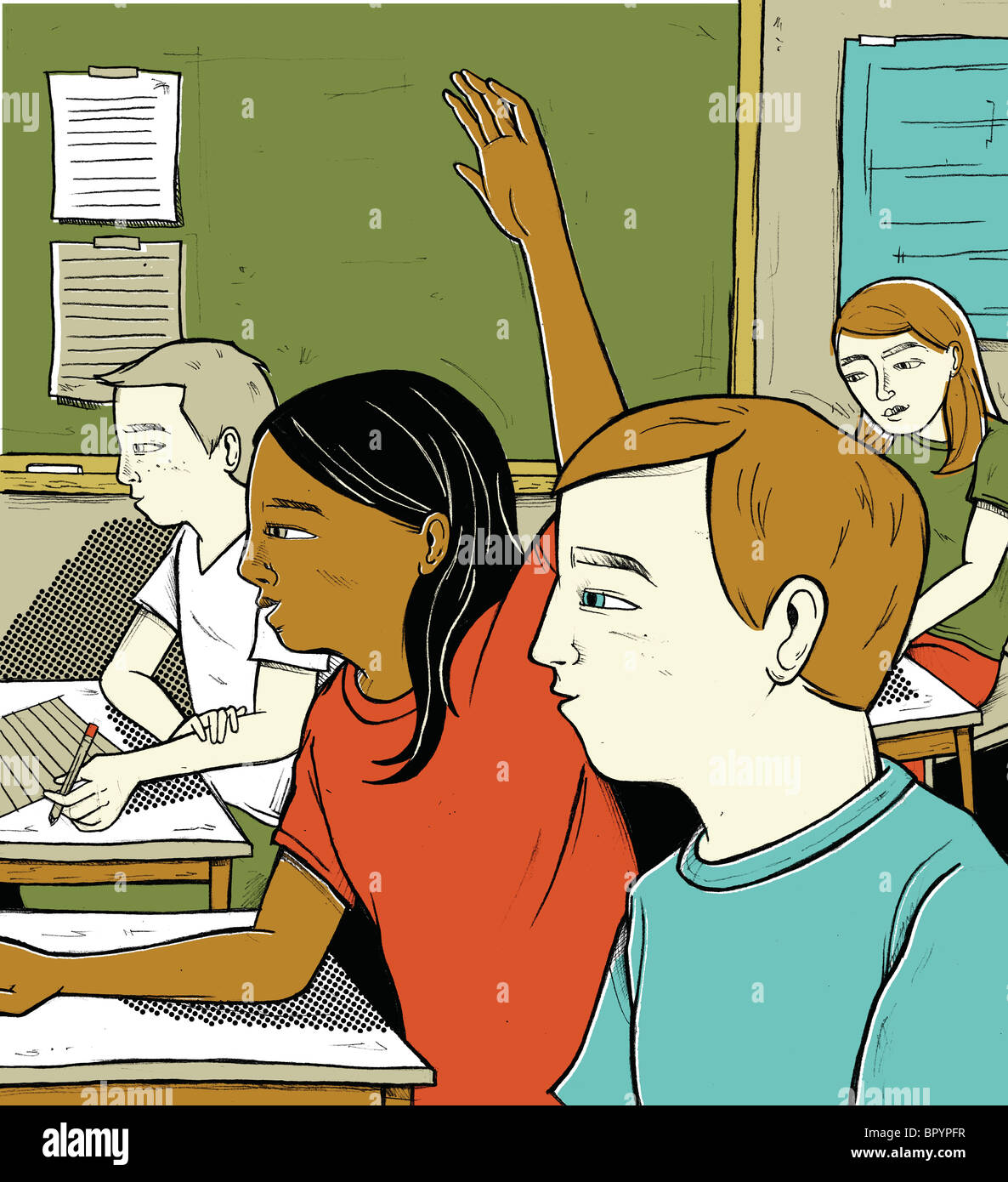 Students in a class, with a girl raising her hand Stock Photo - Alamy