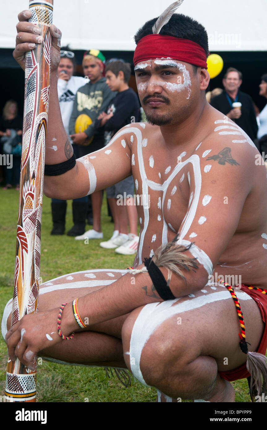 Noongar man and his didgeridoo in Perth, Australia Stock Photo