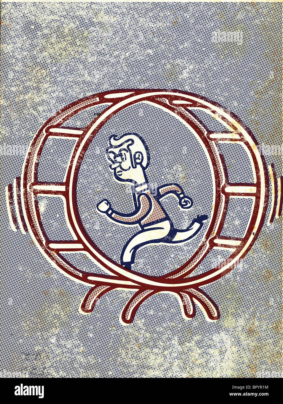Drawing of a man running in a gerbil wheel Stock Photo