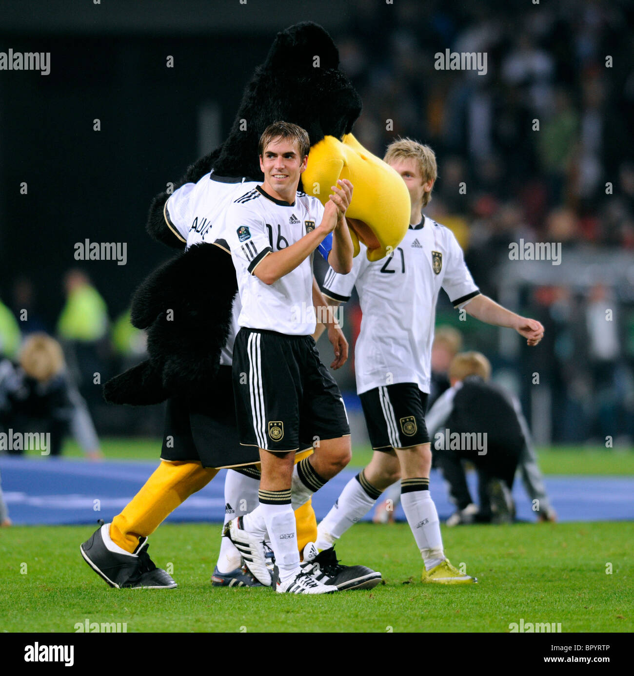 Philipp Lahm, Germany, with the german soccer mascot Paule. Stock Photo