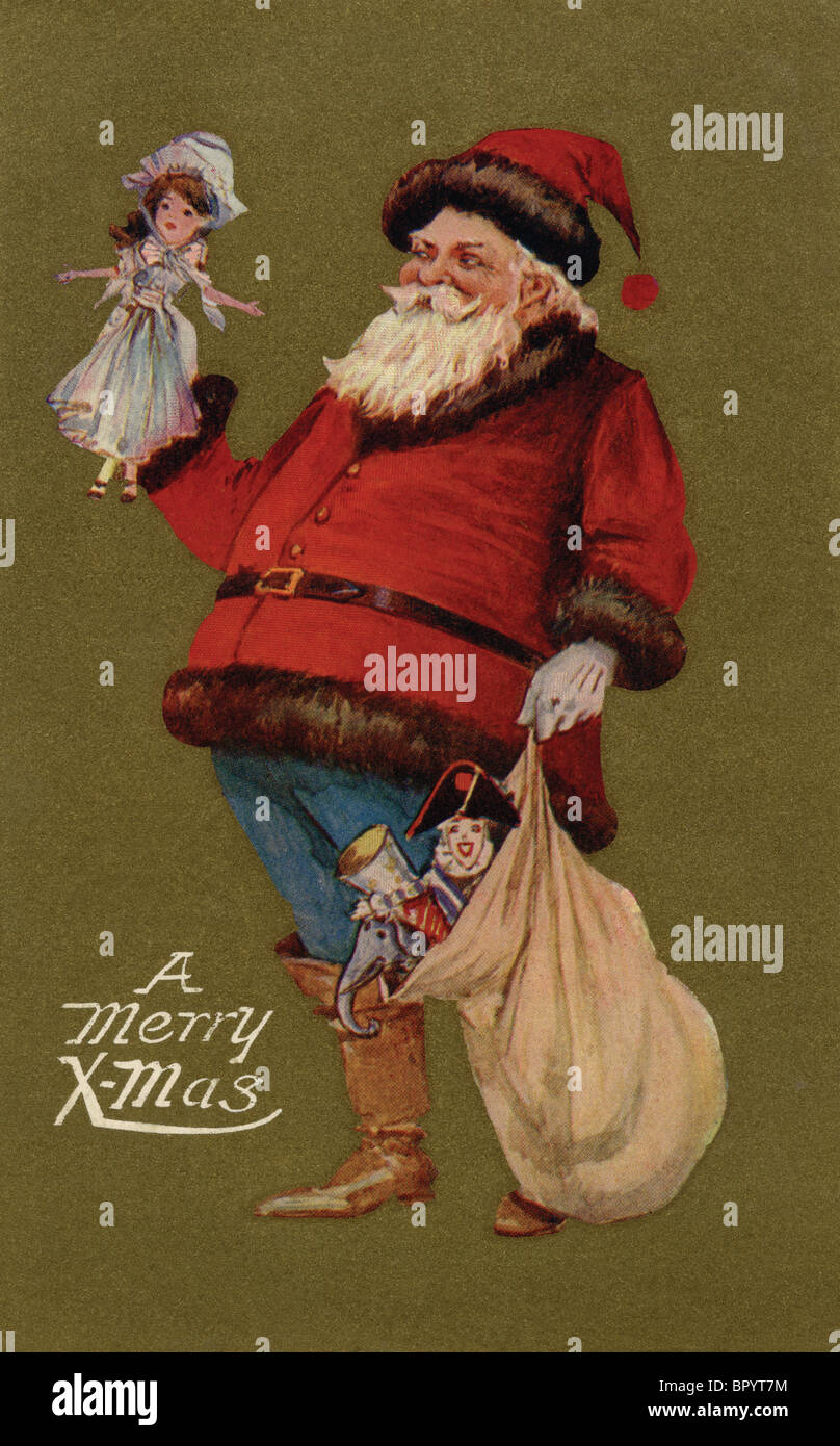 Vintage Christmas postcard of Santa holding a doll and a sack of gifts Stock Photo