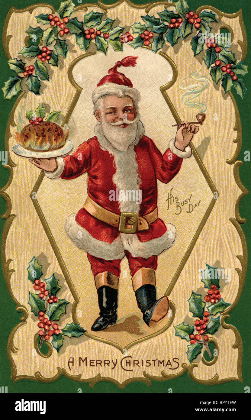 Santa Claus holding a tray of food in one hand and a pipe in another Stock Photo