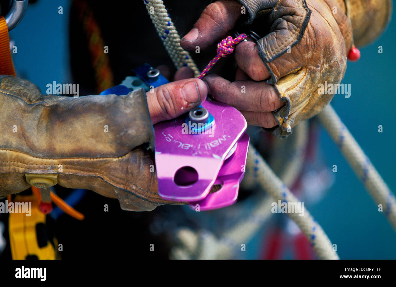 A man adjusting climbing gear. Stock Photo