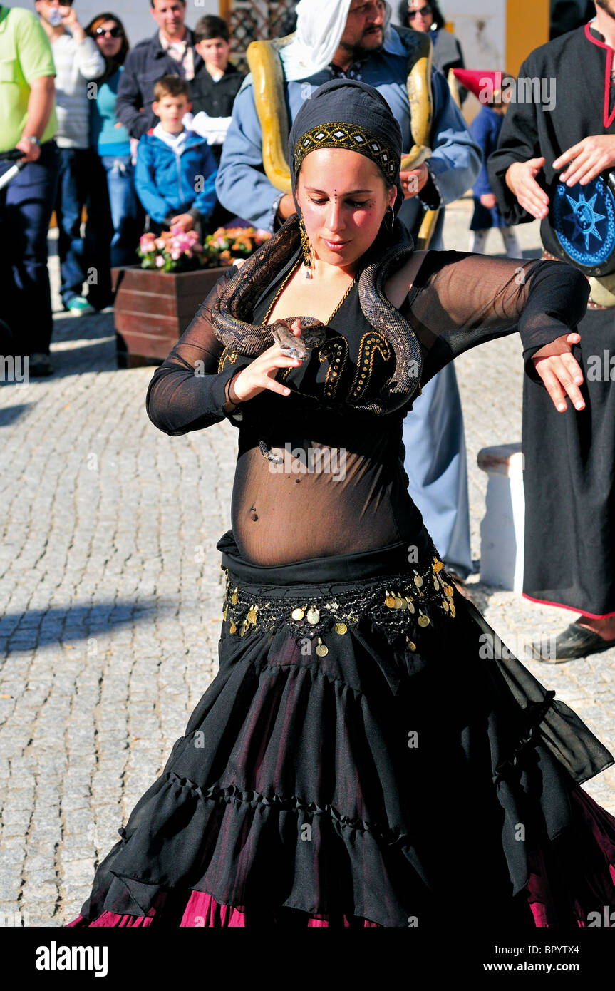Portugal, Alentejo: Oriental dance and music group performing at medieval festival in Fronteira Stock Photo