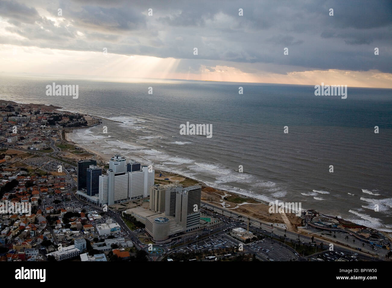 Aerial photograph of the southern coastline of Tel Aviv after a storm Stock Photo