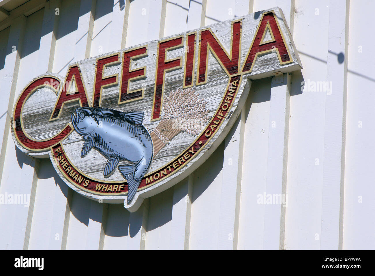The Cafe Fina sign, restaurant on Fisherman's wharf, Monterey, California, United States of America Stock Photo