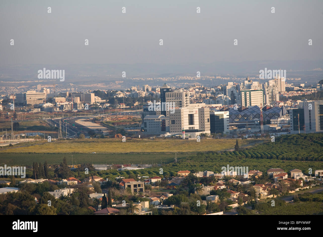 Aerial photograph of the Hi-Tech center of the city of Ra'anana in the Sharon Stock Photo