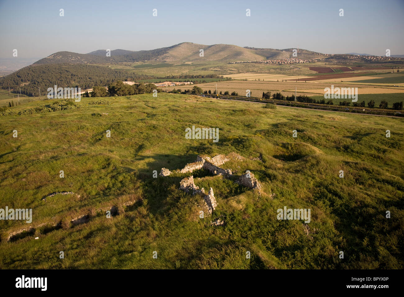 Aerial photograph of the ruins of the mound of Jezreel in the Jezreel valley Stock Photo