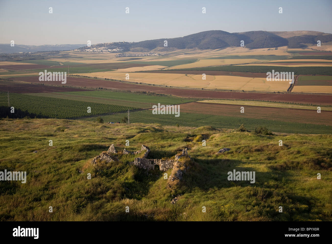 Aerial photograph of the ruins of the mound of Jezreel in the Jezreel valley Stock Photo