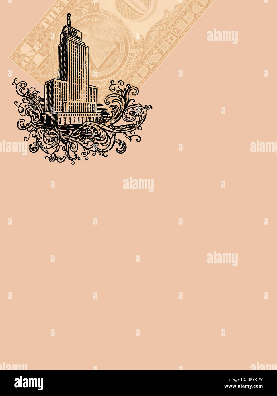 Modern high-rise building and a US dollar bill on pink background Stock ...