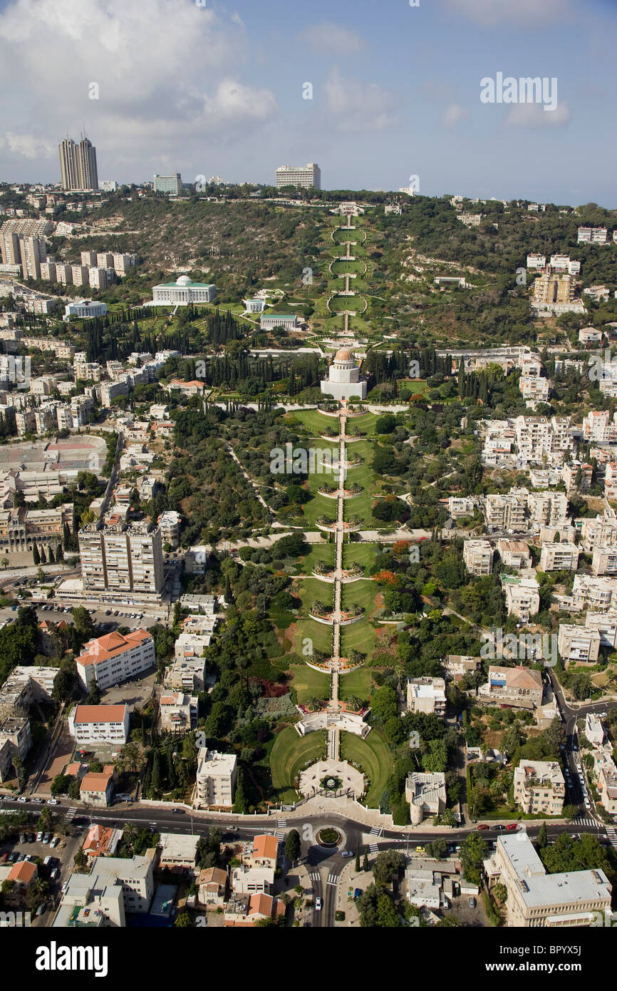 Aerial photo of the Bahai gardens and temple on the slopes of the Carmel mountain Stock Photo