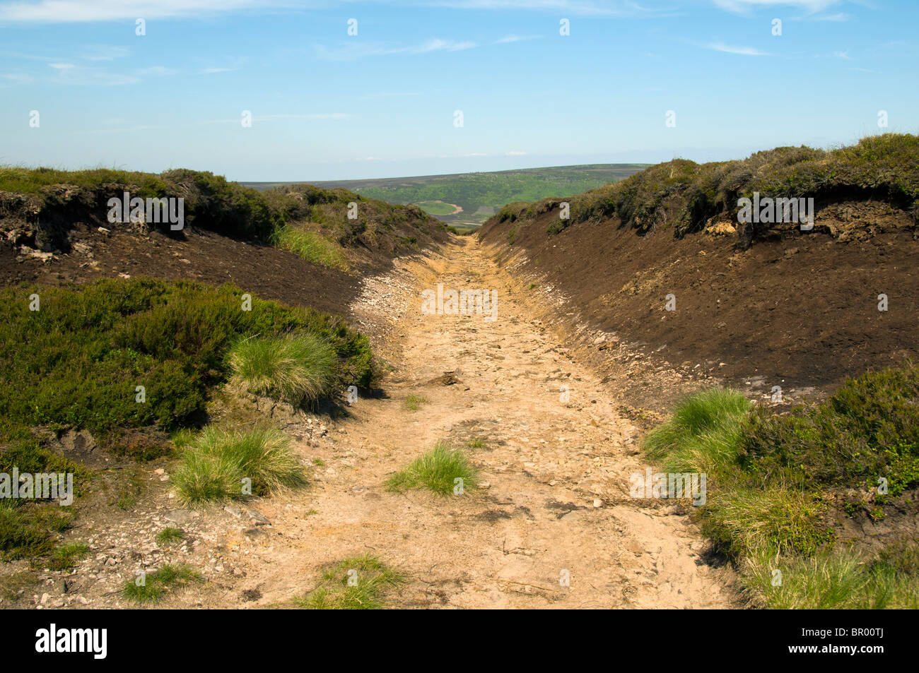 Access track cut into the peat bog on Bleaklow, Peak District, Derbyshire, England, UK Stock Photo