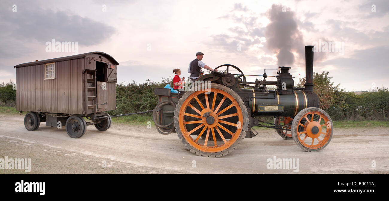 McLaren traction engine pulling a living wagon at the Great Dorset Steam Fair, 2010. Stock Photo