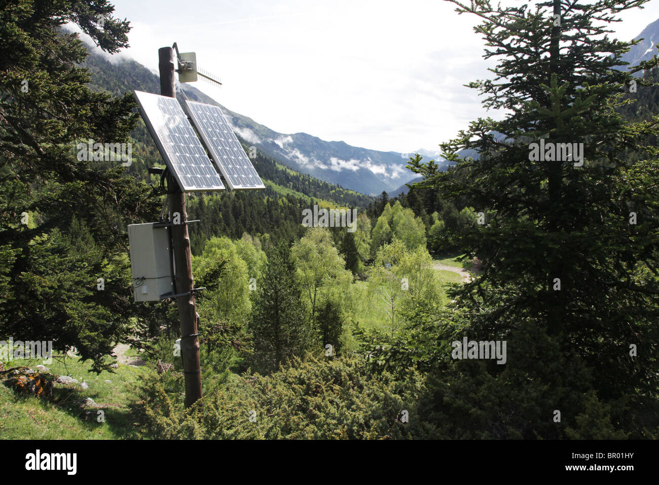 Solar panels at Refugi Sant Maurici around subalpine forest and mountains in the SM National Park Pyrenees Spain Stock Photo