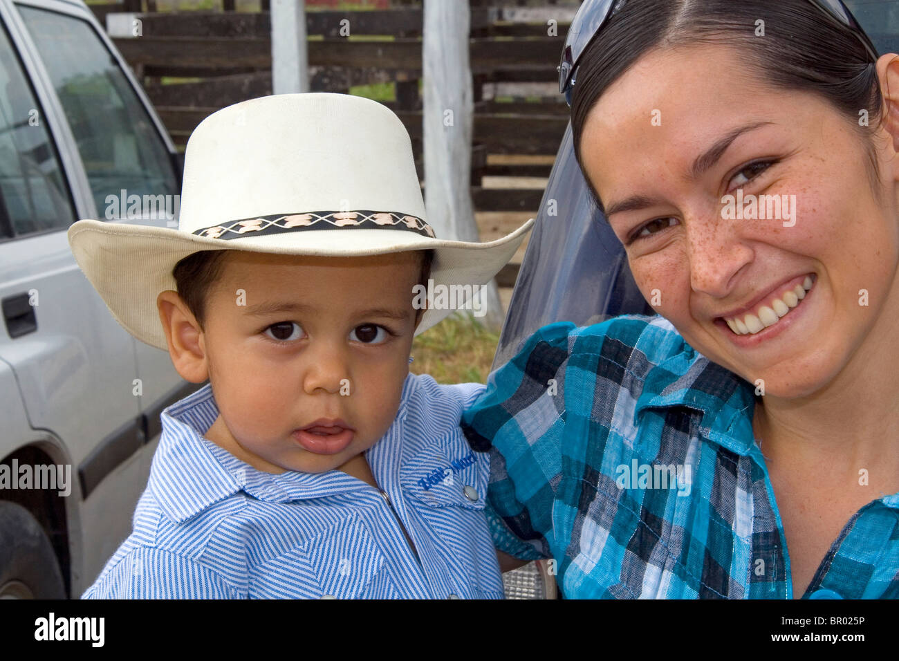 Costa Rican mother and son on a ranch at Liberia, Costa Rica. MR Stock Photo