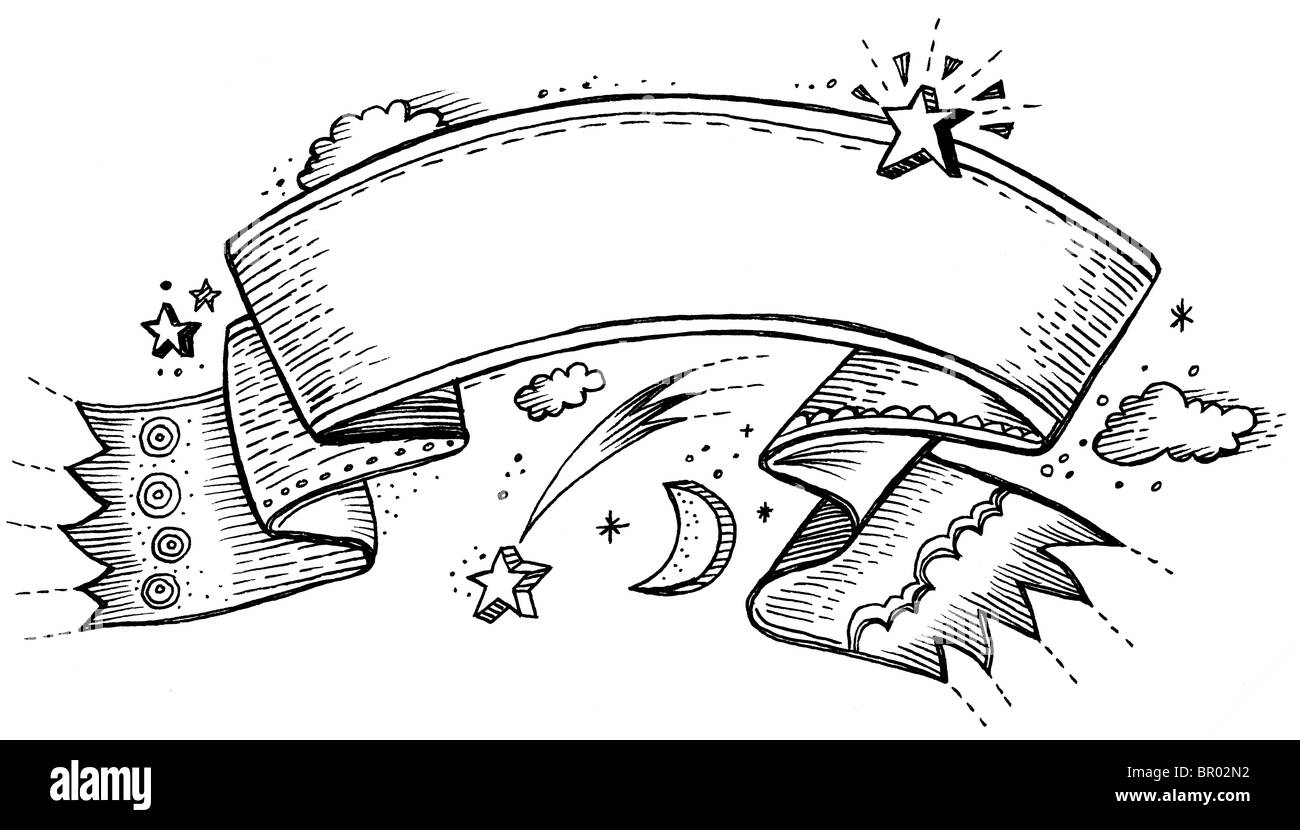 A black and white banner in the night sky surrounded with stars and the