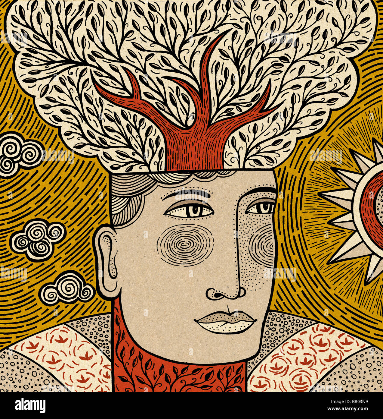 Illustration of a man with a tree growing out of his head Stock Photo