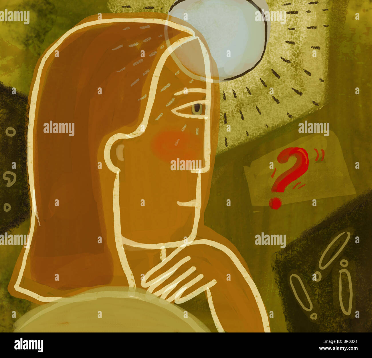 A woman with a light coming from her forehead and a red question mark Stock Photo Alamy